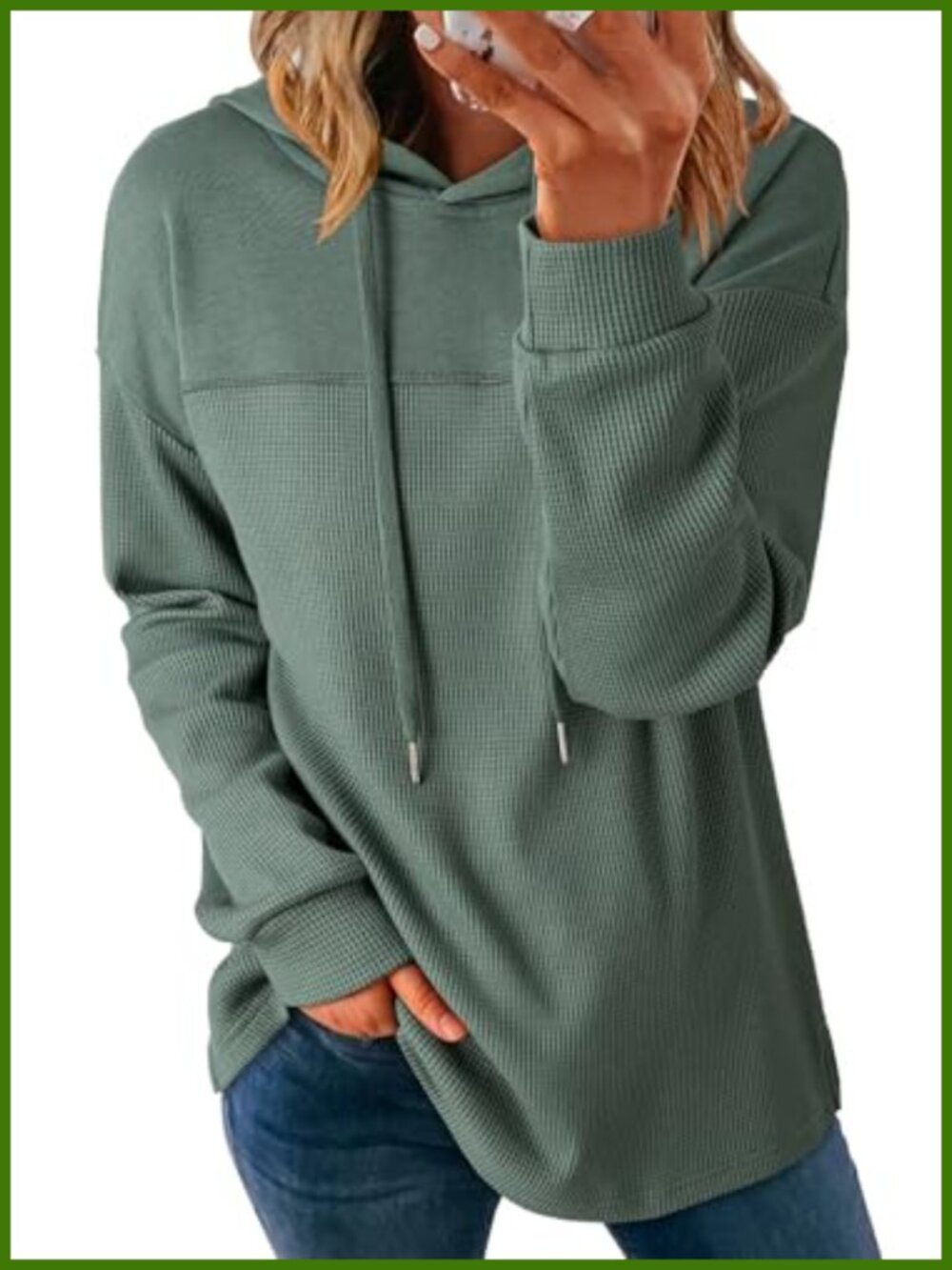 Waffle Knit Hooded Pullover Sweatshirt Long Sleeve Loose Casual Top